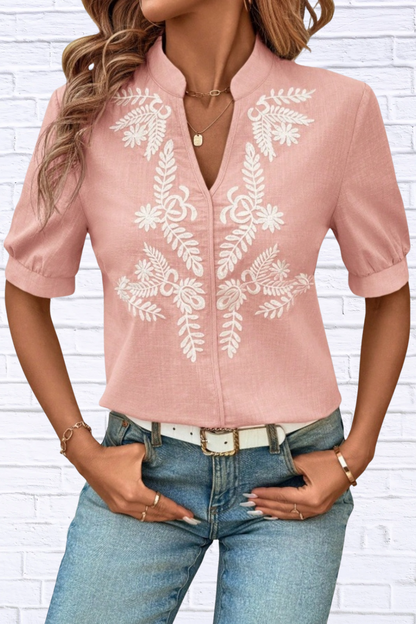 Embroidered Notched Neck Blouse for Women | Black Short Sleeve Floral