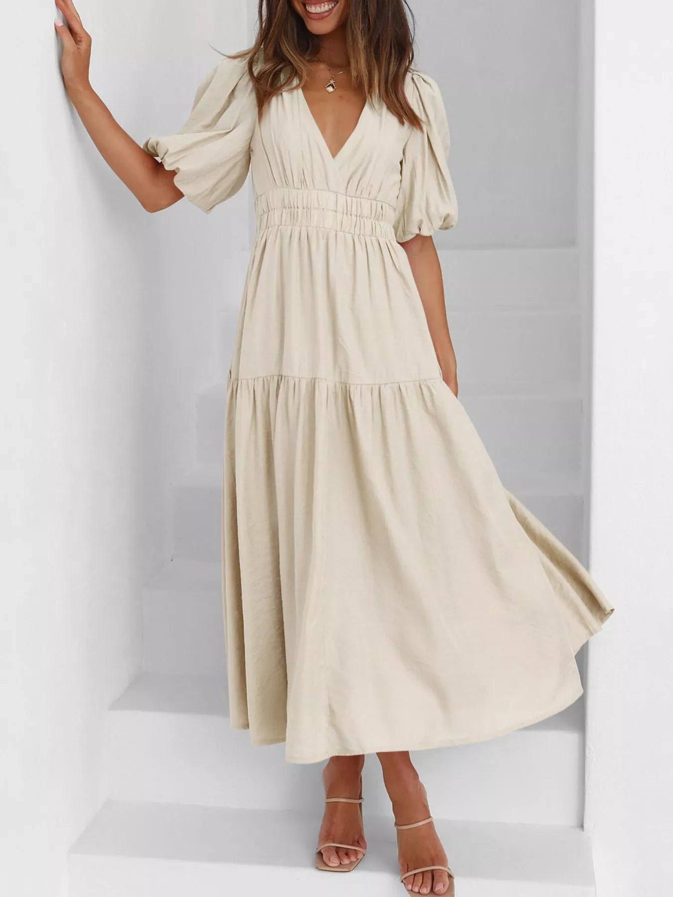 Elegant Puff Sleeve V-Neck Midi Dress