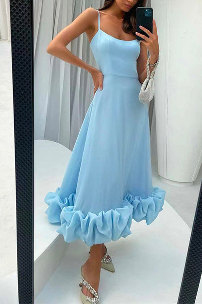 High Waist Ruffle Hem Swing Maxi Cami Party Dress LigthBlue