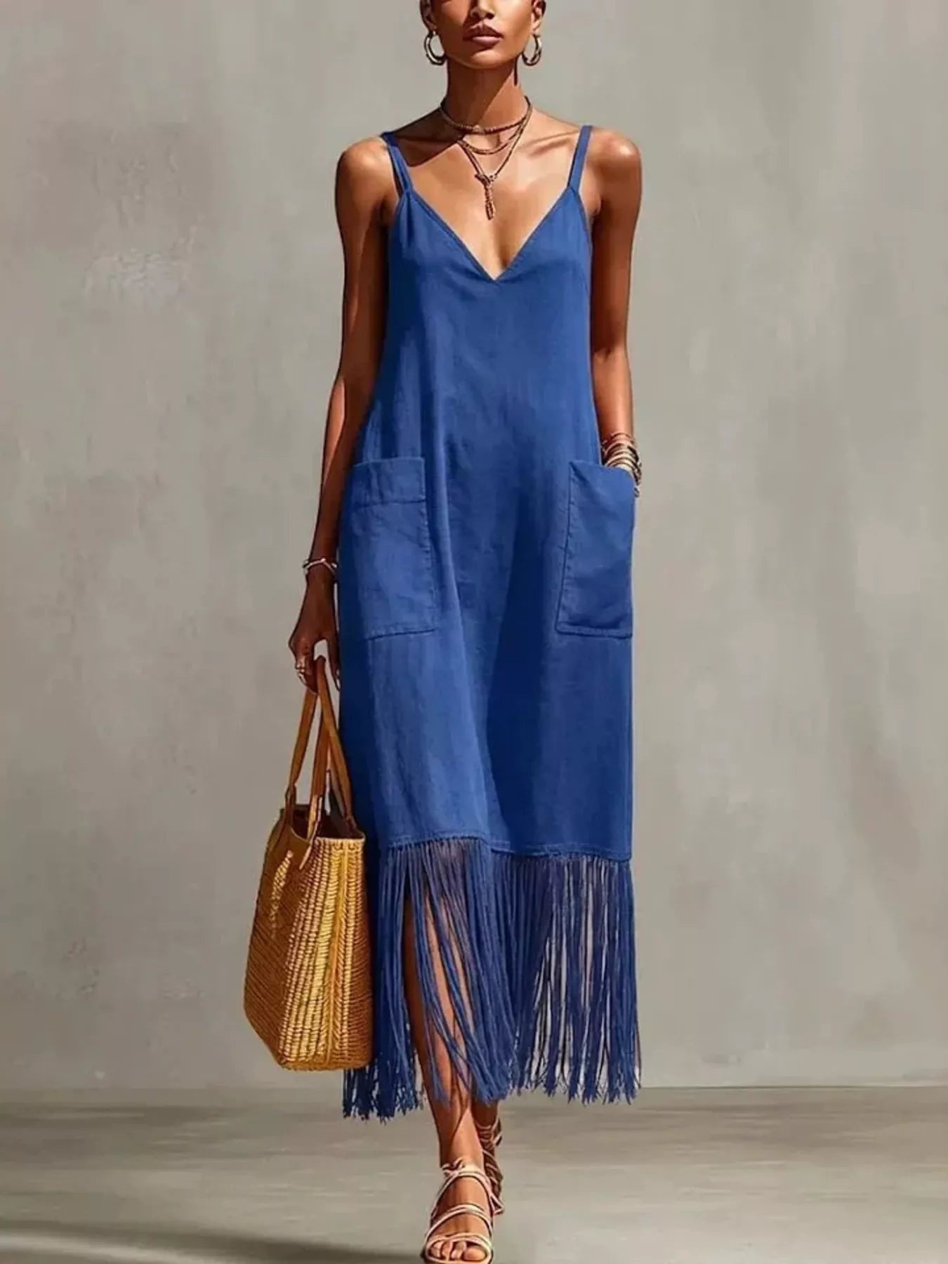 Full Size Fringe Spaghetti Strap V-Neck Dress Plus Size
