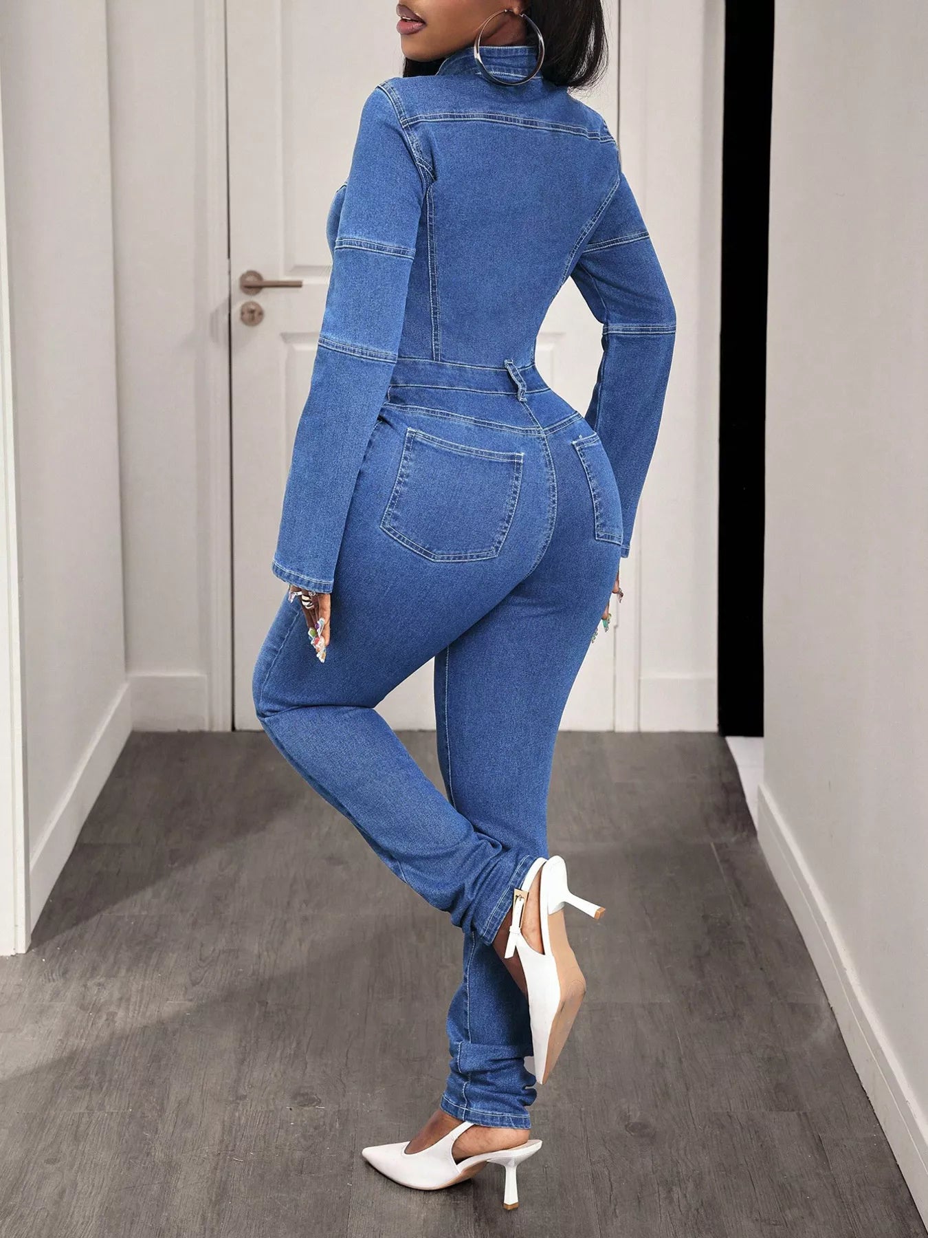 Slim-Fit Long Sleeve Zip-Front Denim Jumpsuit