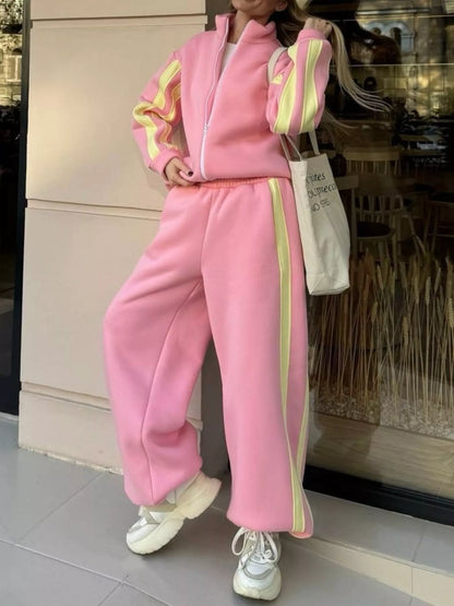 Contrast Striped Zip Up Top and Pants Set