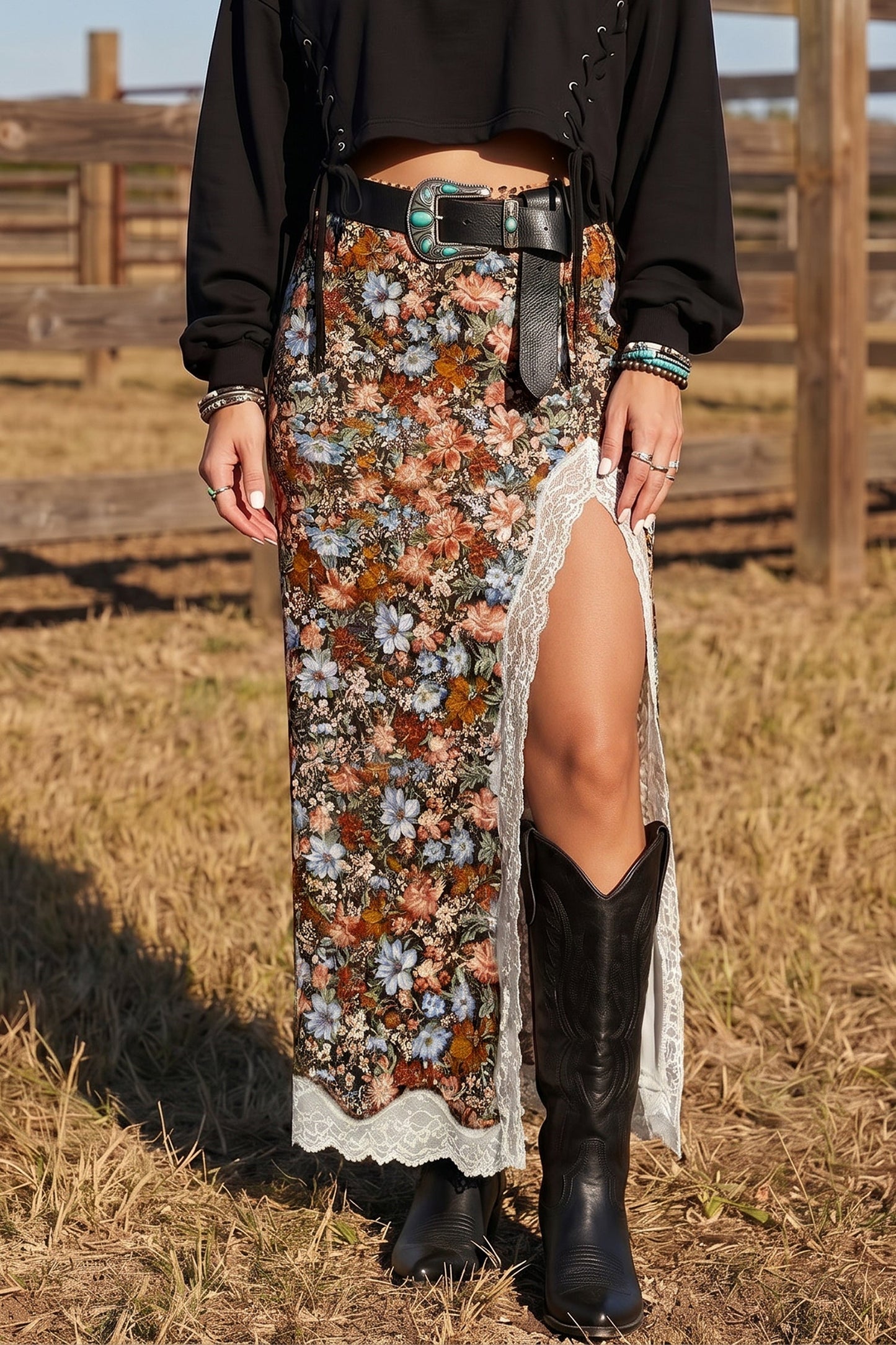 Multicolour Cheetah Print Trim Split Long Western Skirt