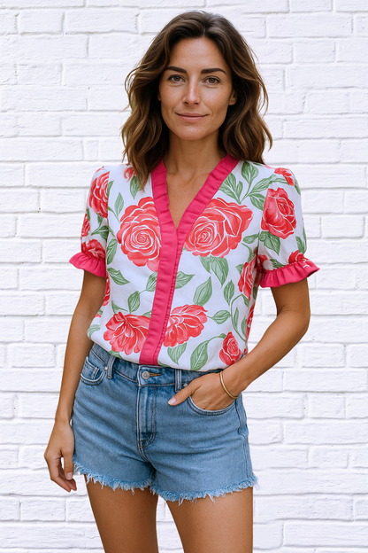Floral Frilled V-Neck Short Sleeve Blouse