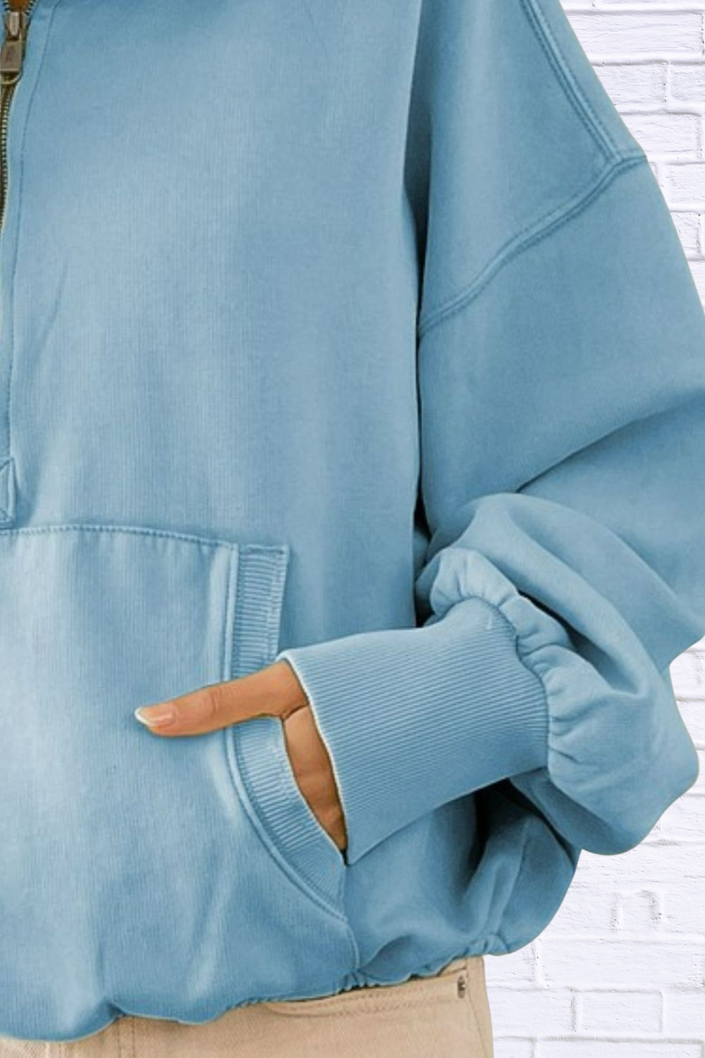 BiBi Stitch Detailed Elastic Hem Half Zip Fleece Hoodie