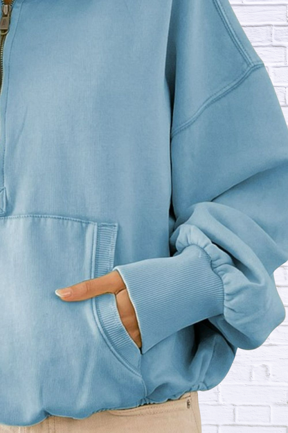 BiBi Stitch Detailed Elastic Hem Half Zip Fleece Hoodie