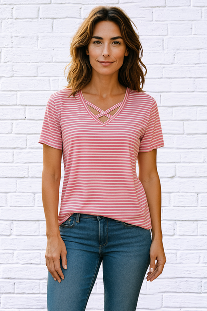 Criss Cross Neckline T Shirt - Turquoise/ White Stripe or Pink / White Stripe