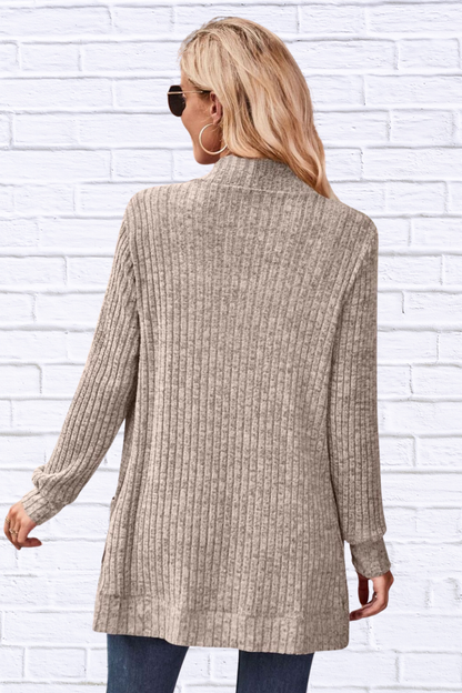 Ribbed Open Front Long Cardigan with Pockets