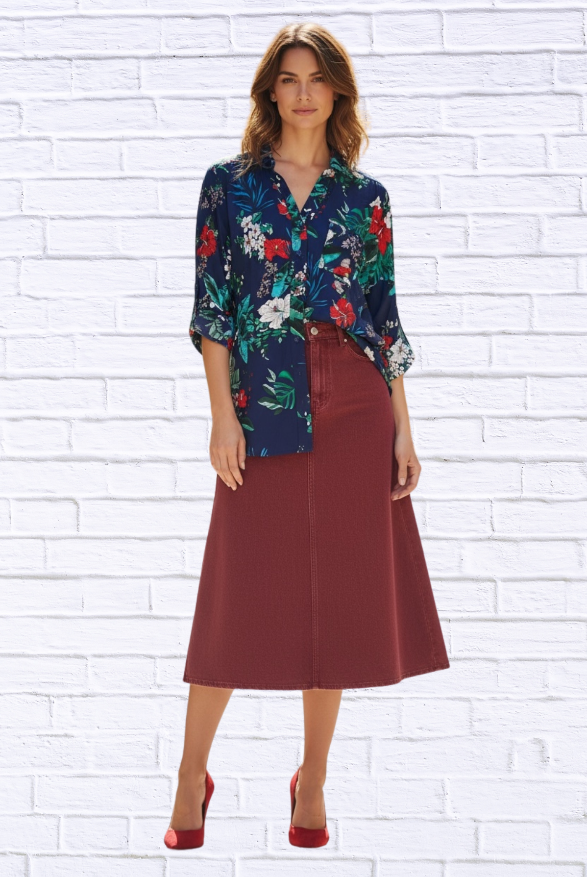 Tropical Floral Viscose Button-Up Shirt – Collared Long Sleeve Blouse with Front Pocket