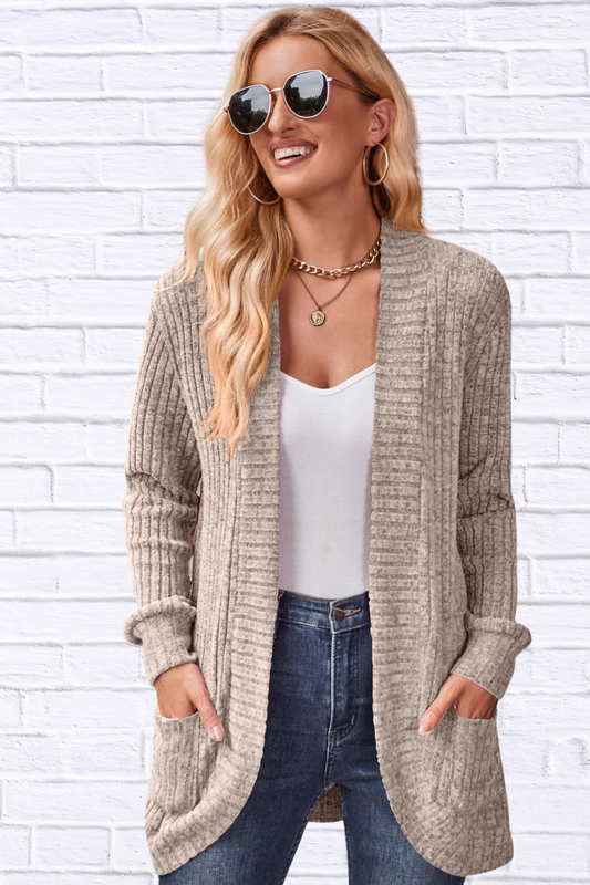 Ribbed Open Front Long Cardigan with Pockets