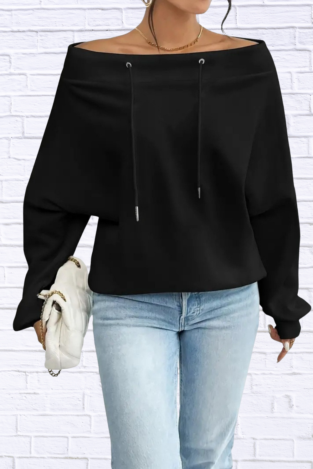Off-Shoulder Drawstring Sweatshirt
