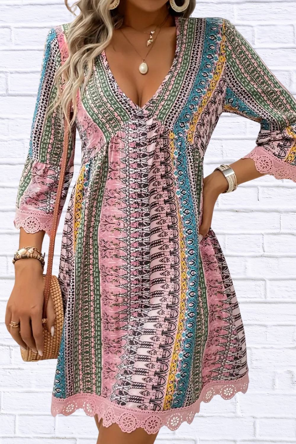 Lace Trim Printed V-Neck 3/4 Sleeve Dress