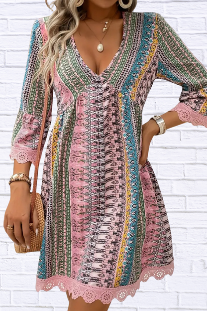 Lace Trim Printed V-Neck 3/4 Sleeve Dress