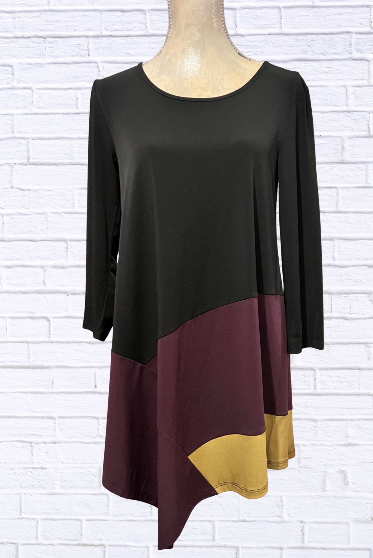 Color Block Asymmetrical Hem Knit Tunic Top – Long Sleeve Soft Stretch Blouse