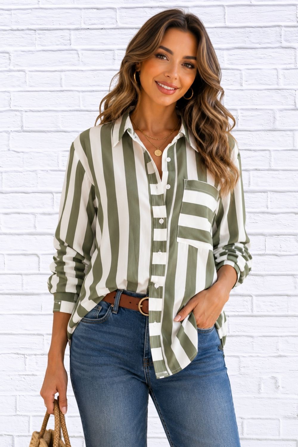 Striped Button-Down Shirt with Pockets for Women