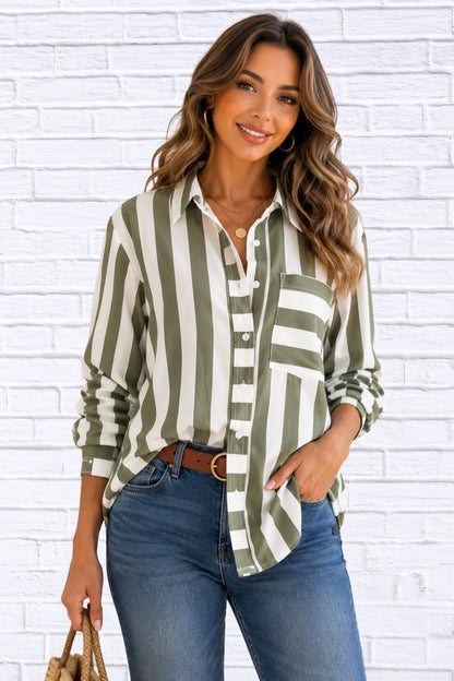 Striped Button-Down Shirt with Pockets for Women