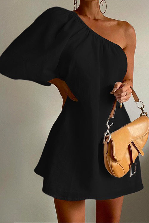 One Shoulder 3/4 Sleeves Cotton Linen Mini Dress Black