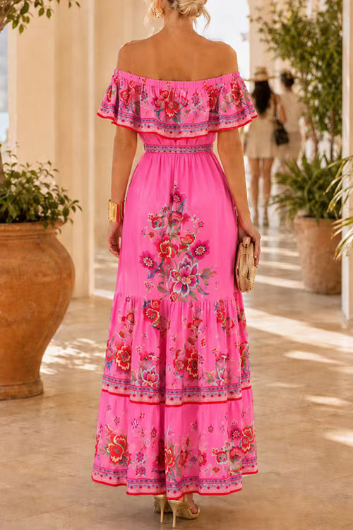 Off Shoulder Floral Print Ruffle Tiered Maxi Dress