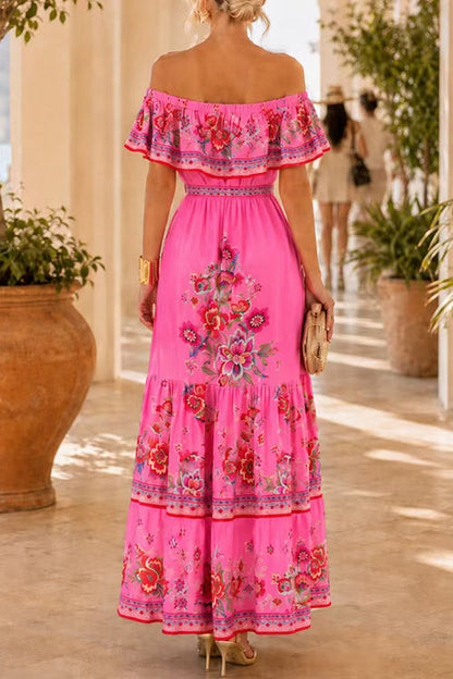 Off Shoulder Floral Print Ruffle Tiered Maxi Dress