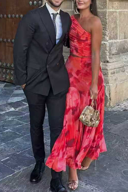 Off Shoulder Ruched Crop Top High Rise Maxi Skirt Printed Set