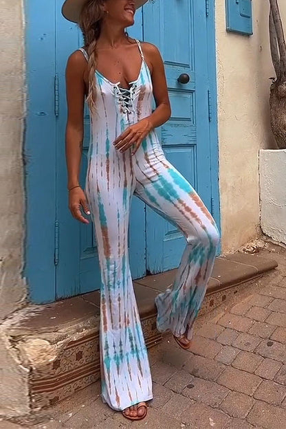 Rosiedress Lace-up V Neck Flare Bottoms Tie Dye Skinny Cami Jumpsuit