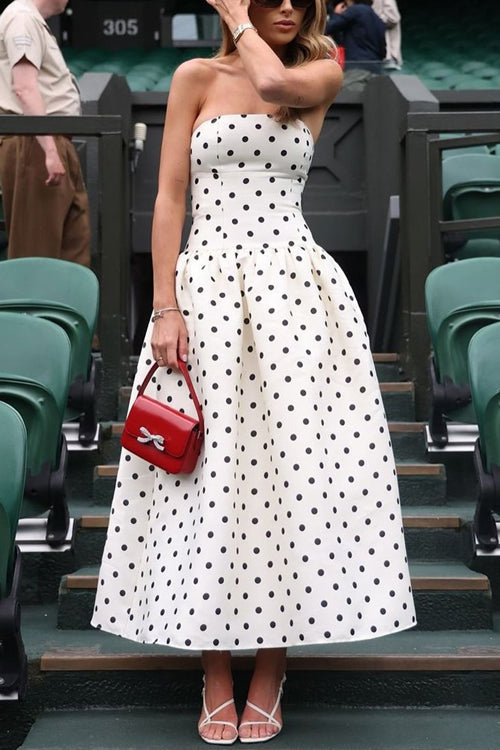 Strapless Tube Polka Dot A-line Midi Dress