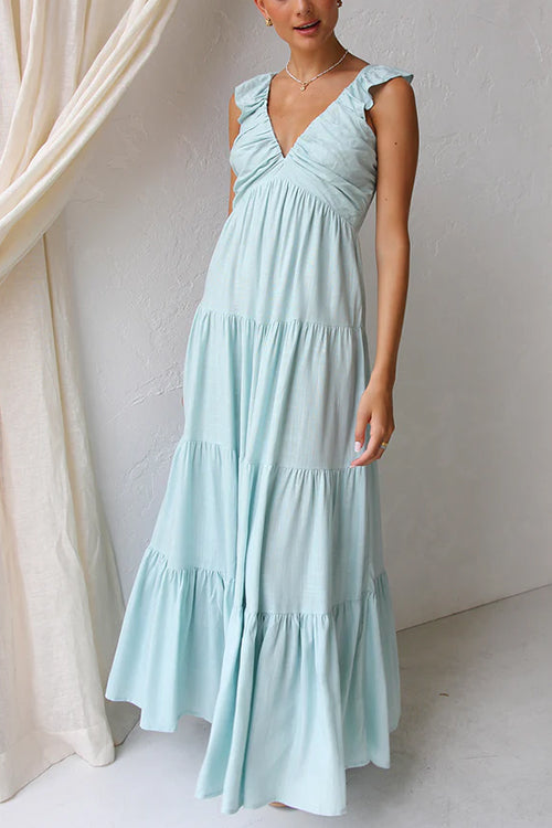 Rosiedress V Neck Ruffle Trim Tiered Sleeveless Linen Maxi Dress