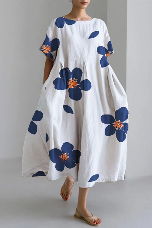 Printed Short Sleeves Pocketed A-line Midi Dress White