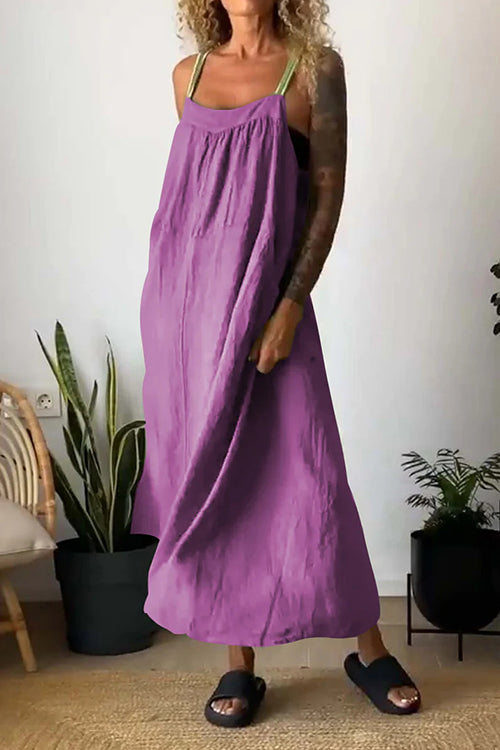 Color Block Casual Cotton Linen Maxi Beach Dress Purple