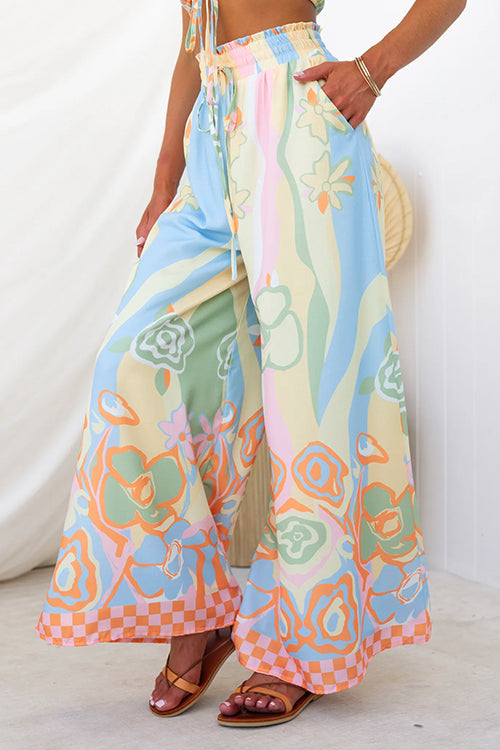 Drawstring Elastic Waist Printed Wide Leg Palazzo Pants Print