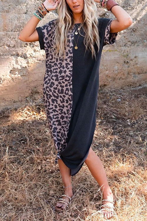 Rosiedress Curve Hem Side Split Leopard Splice Long Dress