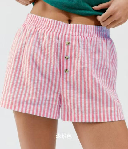 Elastic Waist Buttons Detail Striped Shorts