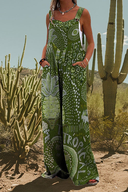 Rosiedress Pocketed Wide Leg Unique Print Cami Jumpsuit Green