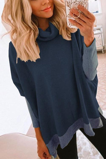 Cowl Neck Long Sleeve Side Split Sweatshirt DeepBlue