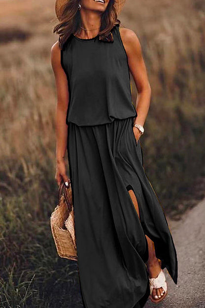 Sleeveless Waisted Slit Maxi Tank Dress Black