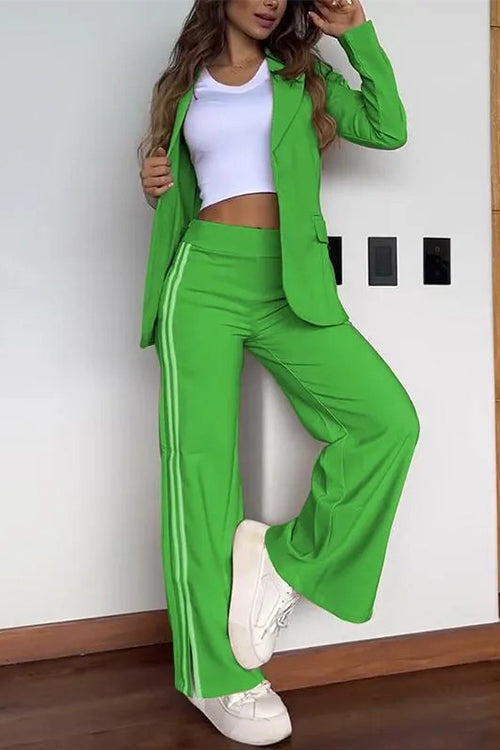 Rosiedress Color Block Open Front Blazer Elastic Waist Slit Wide Leg Pants Set