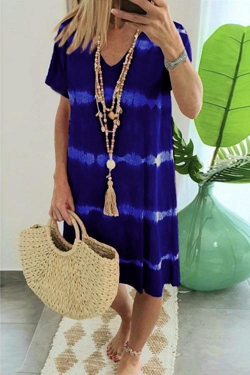 V Neck Short Sleeve Tie Dye Stripes T-shirt Dress DarkBlue