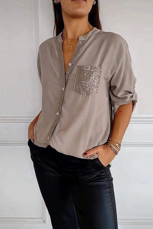 Rosiedress Rolled Up Sleeves Button Down Sequin Splice Blouse Shirt Khaki