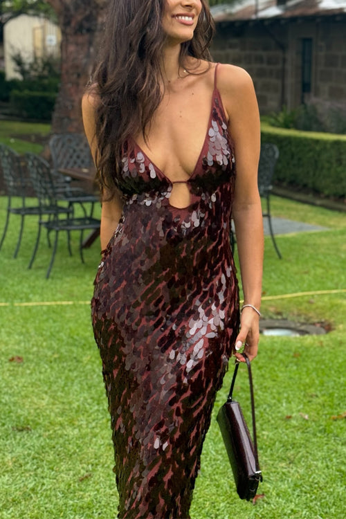 V Neck Cut Out Sequin Bodycon Maxi Cami Party Dress