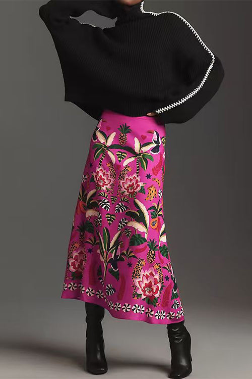 High Rise Tropic Print Midi Skirt