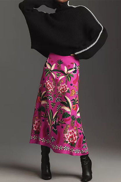 High Rise Tropic Print Midi Skirt