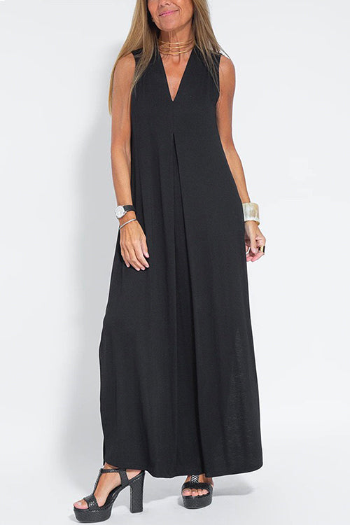 Sleeveless V Neck Side Split Maxi Dress Black