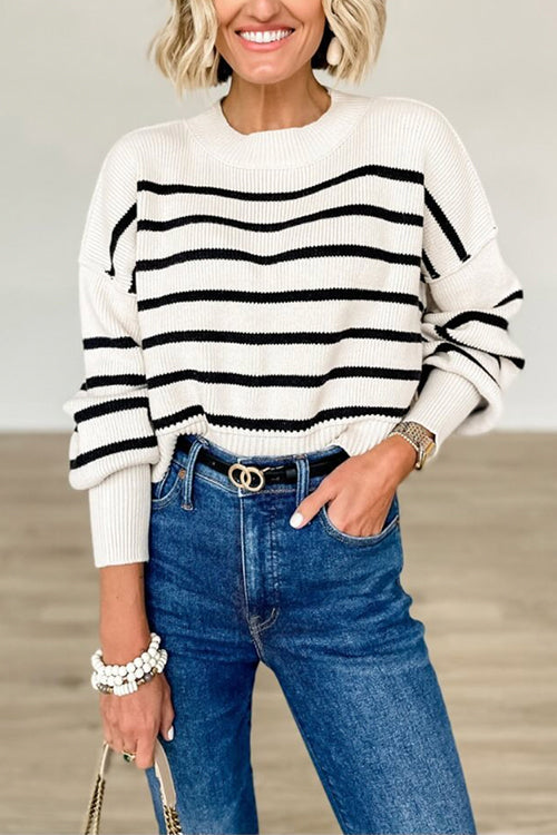 Striped Crewneck Drop Shoulder Cropped Knitting Sweater Apricot