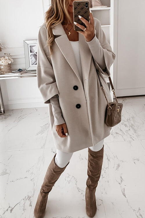 Rosiedress Lapel 3/4 Sleeve Pockets Midi Coat LightGray