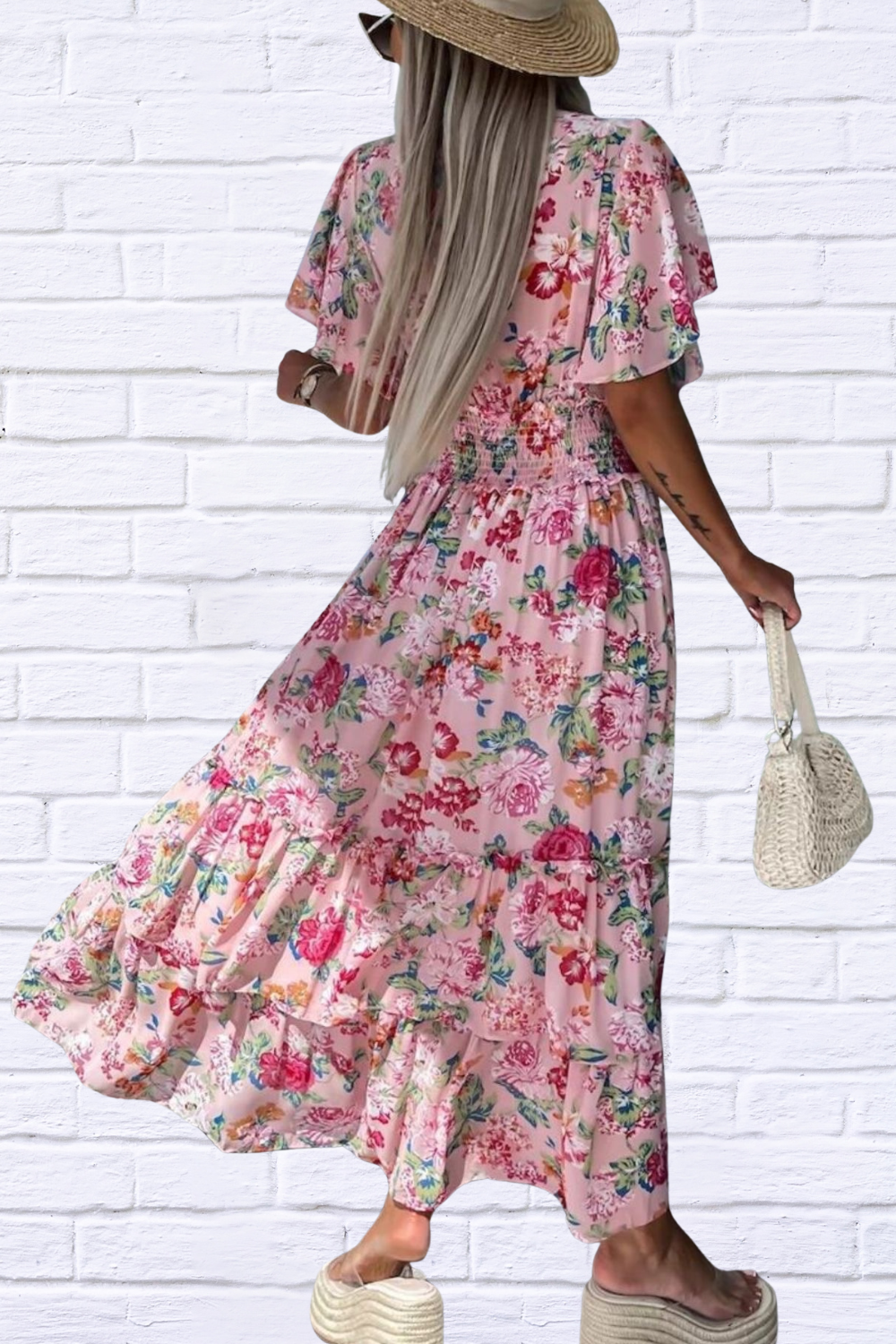 Floral Print Flutter Sleeve Maxi Dress