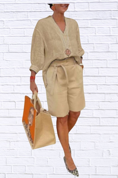 Plus Size Johnny Collar Top & Shorts Set for Women | 3/4 Sleeve Casual Matching Outfit | Comfortable Loungewear & Summer Set