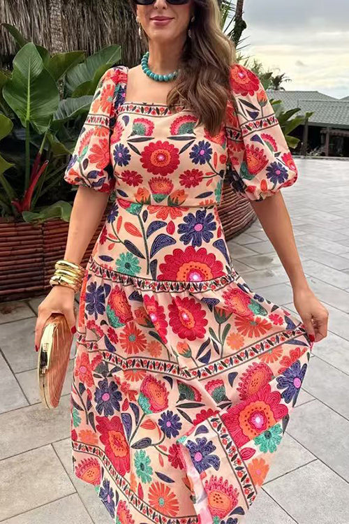 High Rise Floral Print Midi Skirt