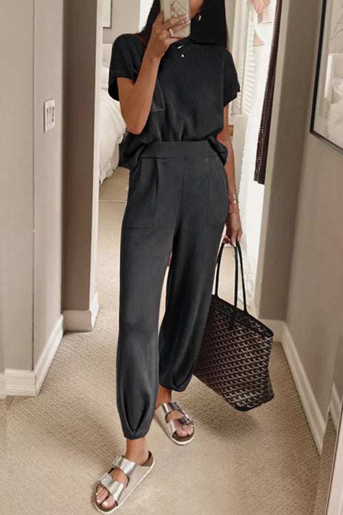 Short Sleeves Ribbed Knit Pullover Ruched Harem Pants Set Black