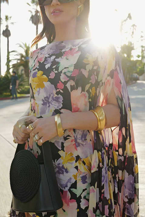 Boat Neck Floral Print High Low Hem Maxi Dress