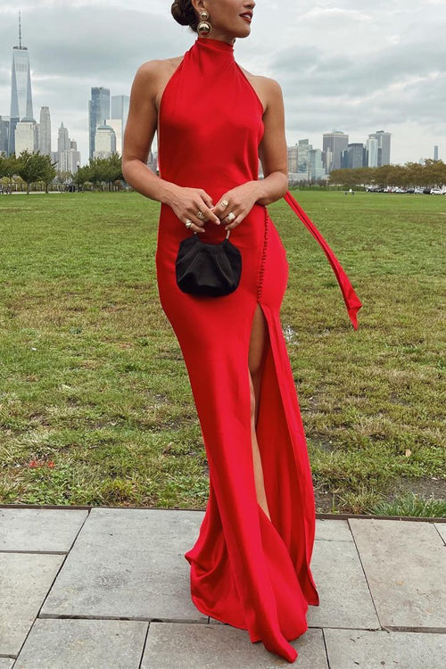 Halter Backless High Slit Maxi Party Dress Red